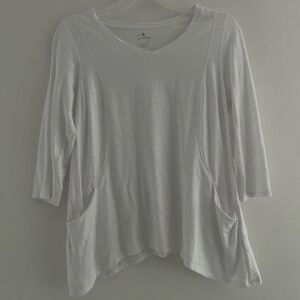 Sunday Anthropology Tunic Blouse Women Large long sleeve V neck pockets asymmetr